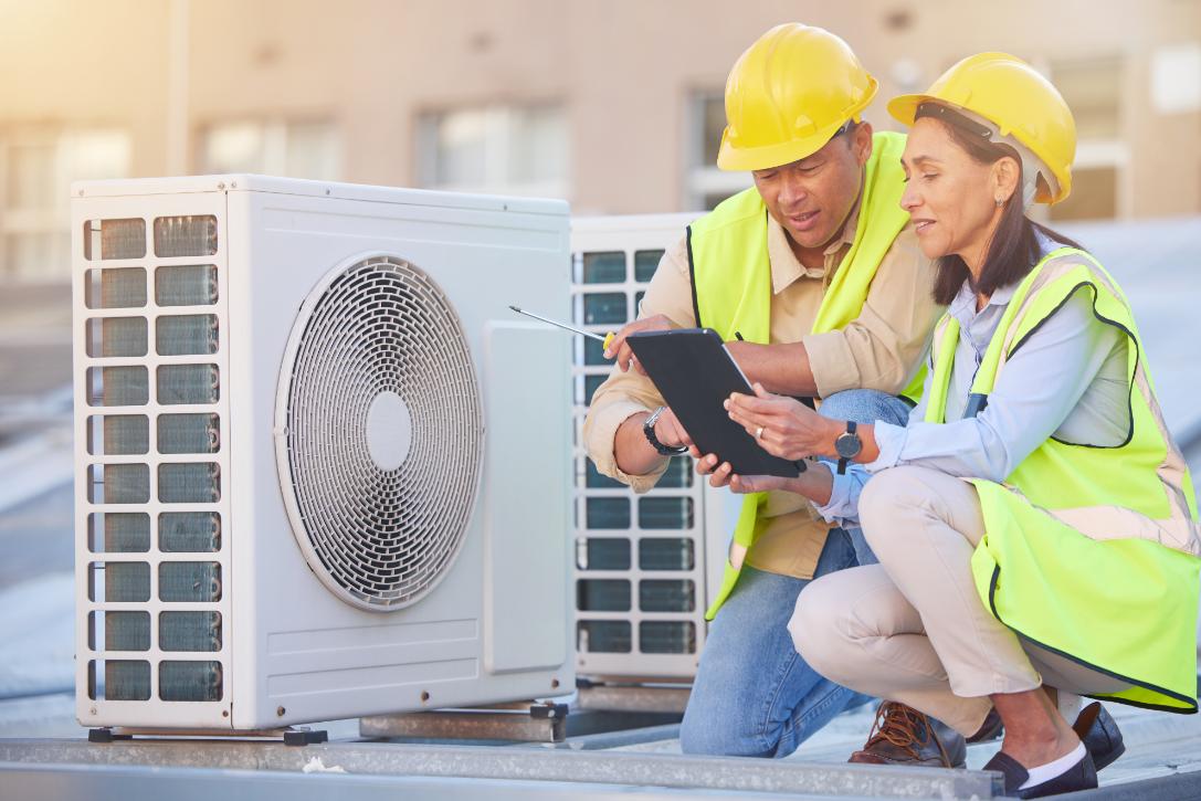 HVAC technicians inspecting rooftop equipment